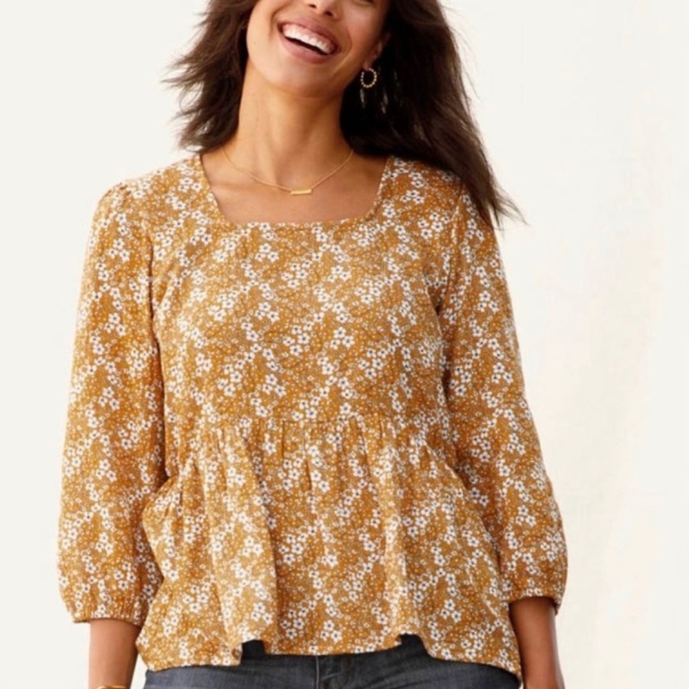 Matilda Jane Mustard Yellow Shay Ditsy Floral Peplum‎ Top Size Large